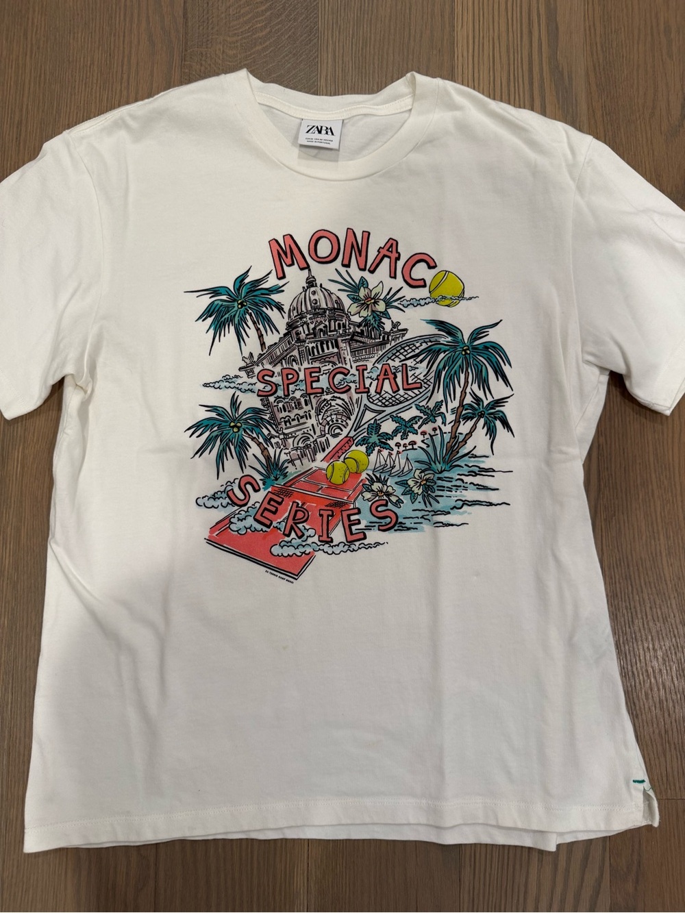 Zara White Graphic Tee with Red & Yellow Accent